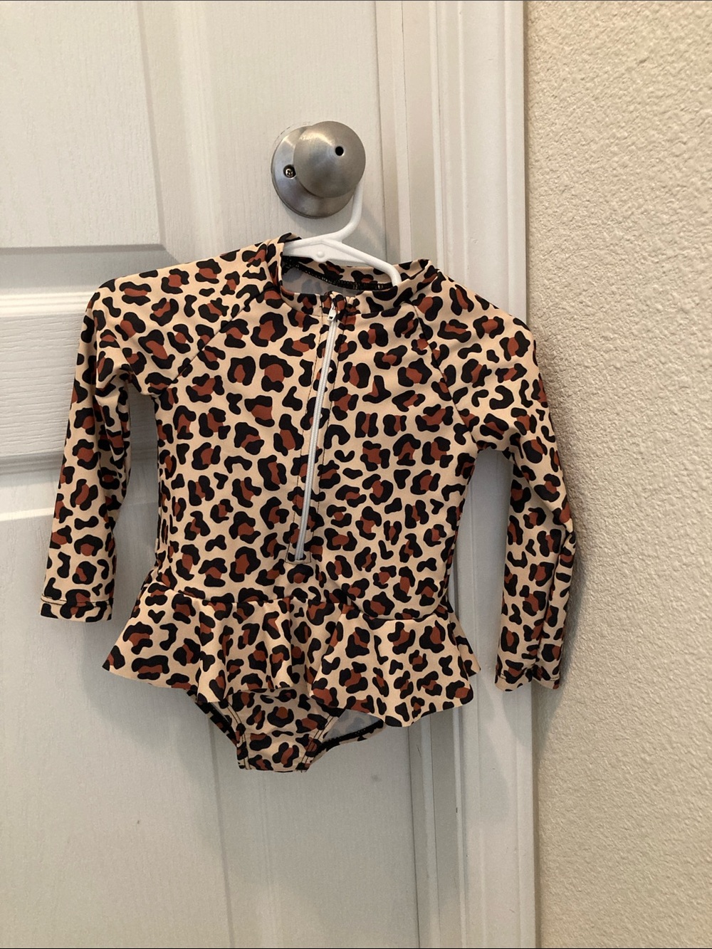 Leopard Print Long-Sleeve One-Piece Swimsuit - Tan/Cream